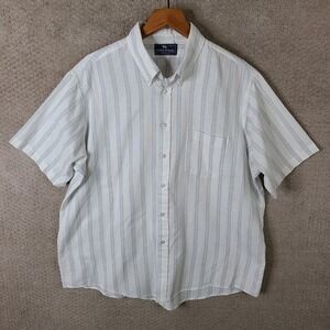 Vintage Steeplechase Mens‎ XL White Blue Striped Short Sleeve Button Up USA